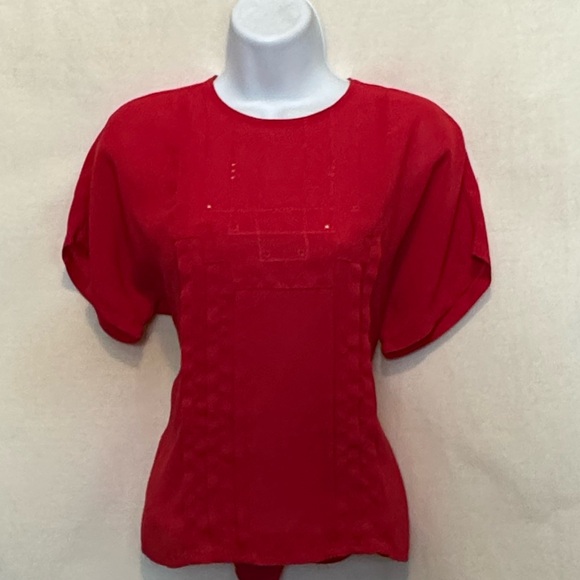H-183 Marlis Vintage Red Pleated Front Short Sleeve Pullover Blouse Size 8 - Picture 1 of 15